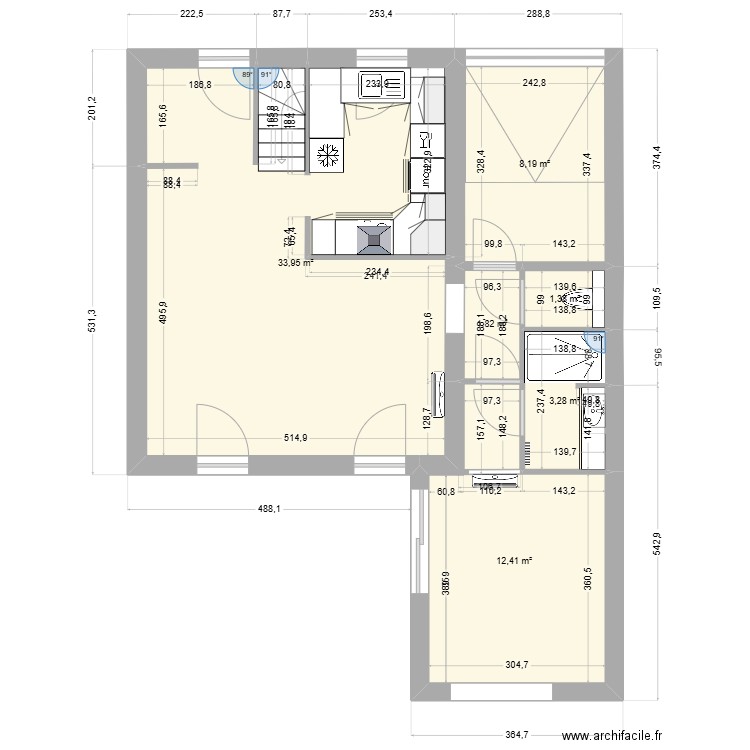 Domicile - Dupouy - Nouvelle cuisine. Plan de 6 pièces et 61 m2