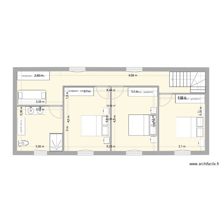 etage maison. Plan de 2 pièces et 66 m2