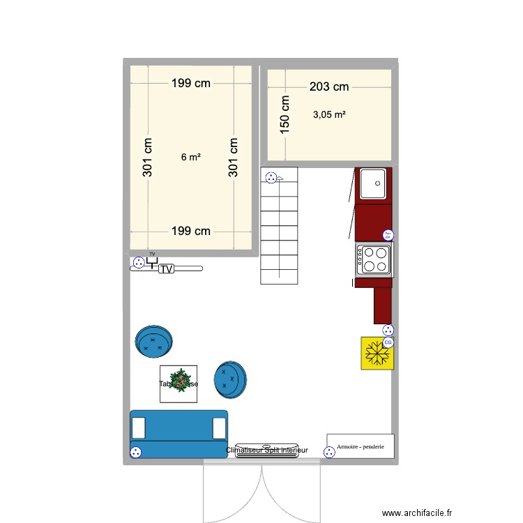 Salon cuisine. Plan de 2 pièces et 9 m2