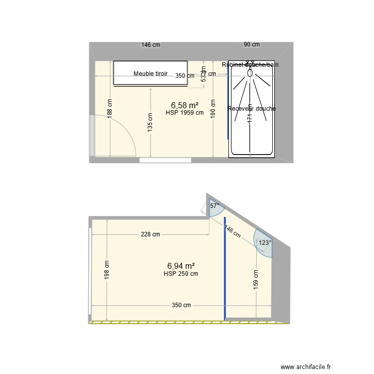 salle d'eau. Plan de 2 pièces et 14 m2