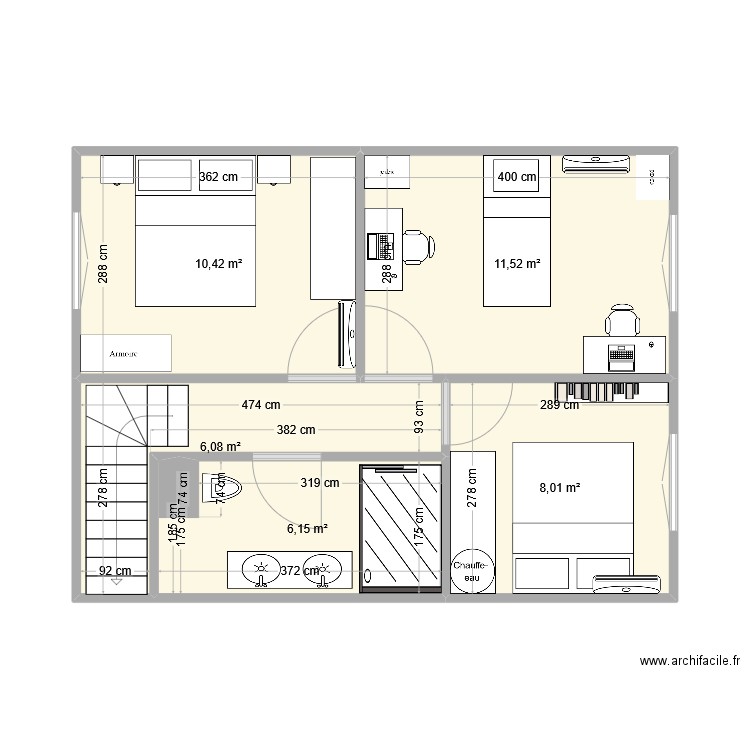 1er étage bis. Plan de 5 pièces et 42 m2