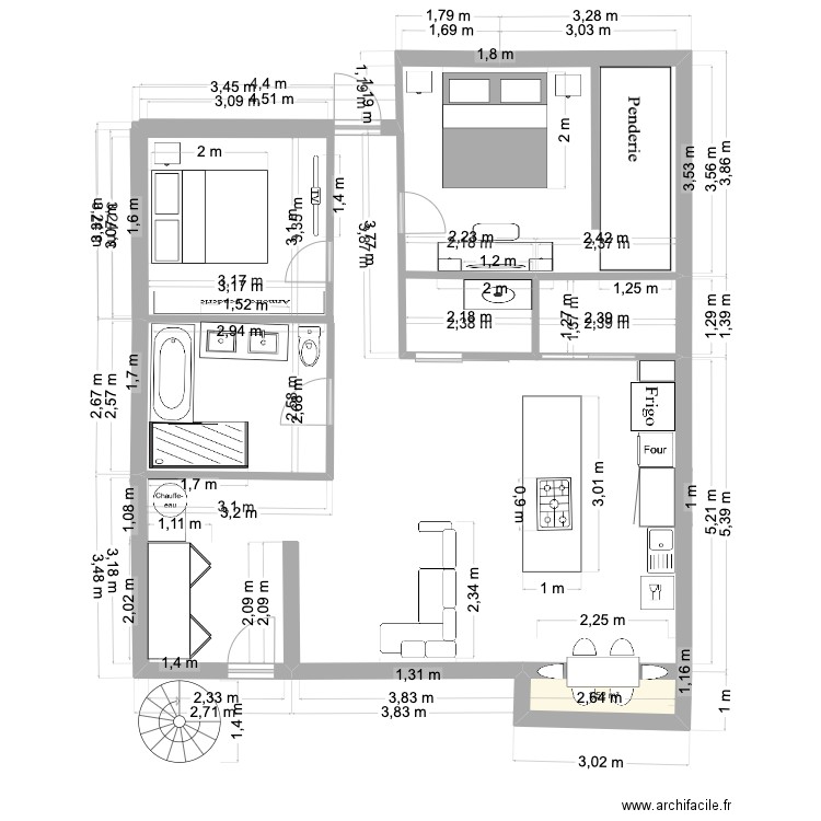 Donia logement Essaie 1. Plan de 1 pièce et 2 m2