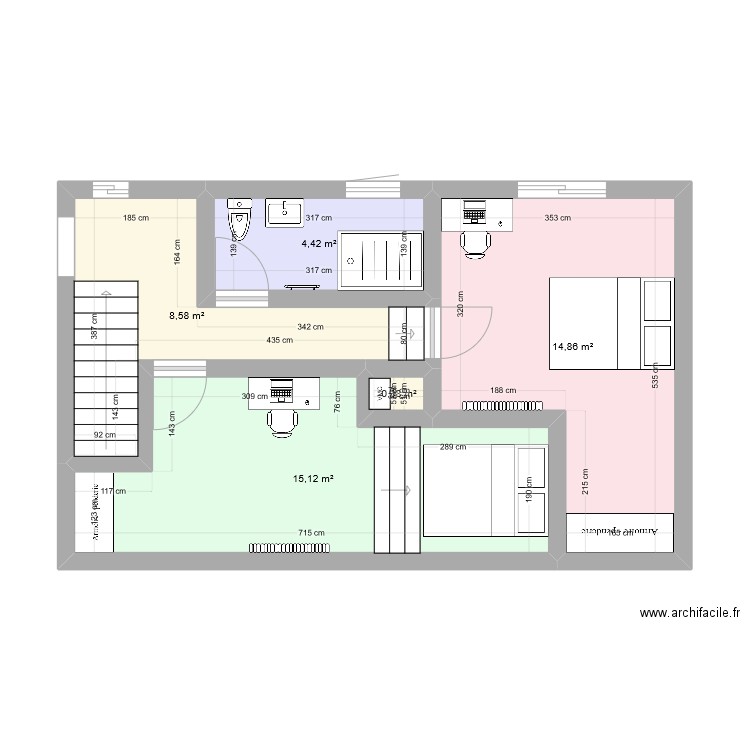 étage enfants. Plan de 5 pièces et 43 m2