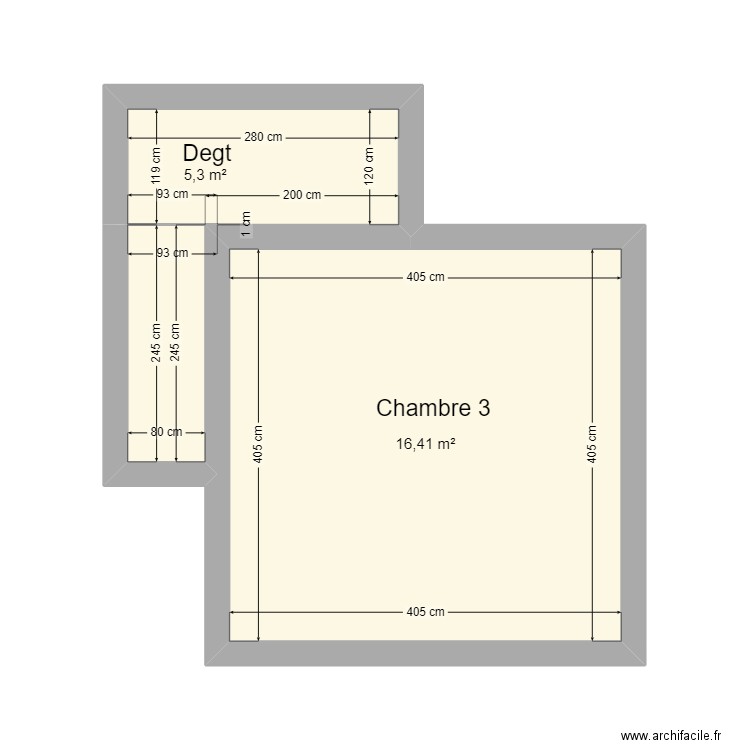 Combles. Plan de 2 pièces et 22 m2