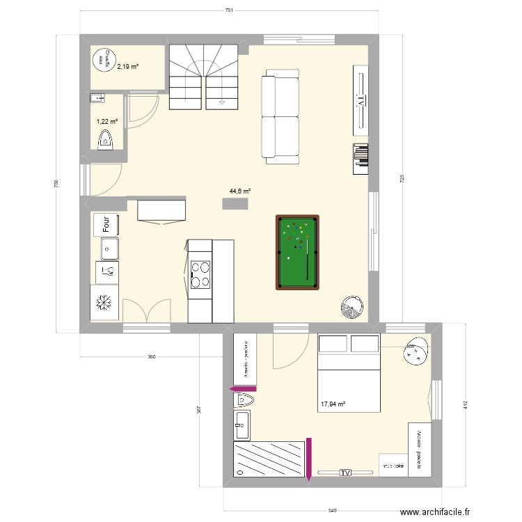 cuisine. Plan de 4 pièces et 66 m2