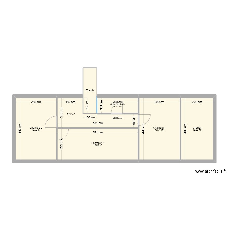 Amenagement grenier. Plan de 7 pièces et 62 m2