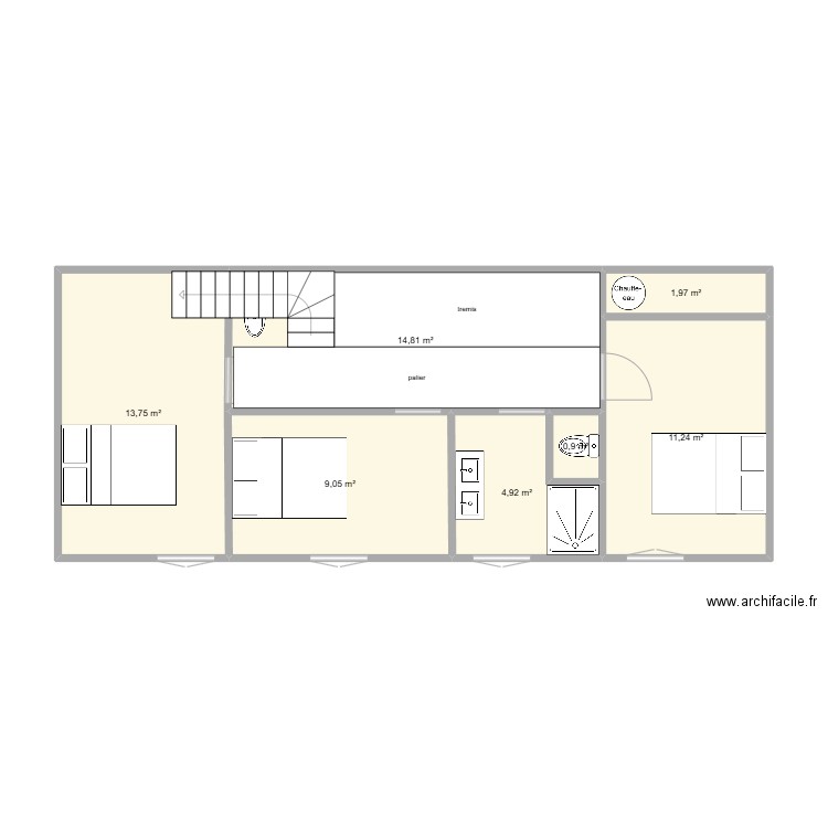 etage. Plan de 7 pièces et 57 m2