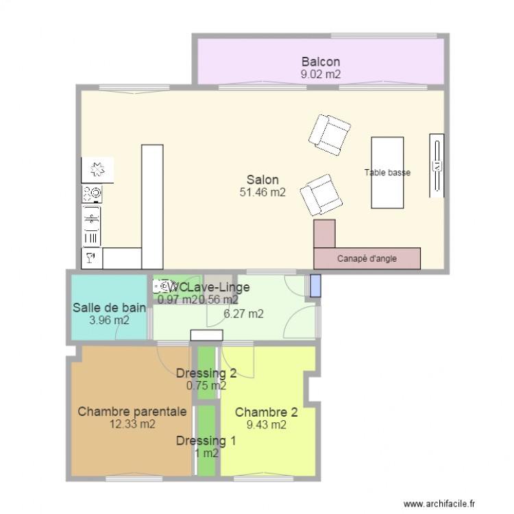 Appartement avec cuisine américaine V2. Plan de 0 pièce et 0 m2