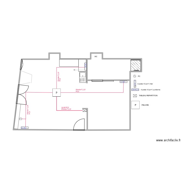 plans studio PC3. Plan de 2 pièces et 43 m2