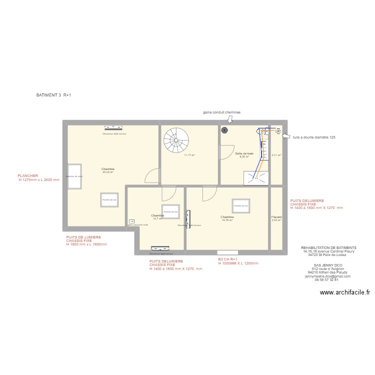 BAT 3 R+1. Plan de 7 pièces et 78 m2