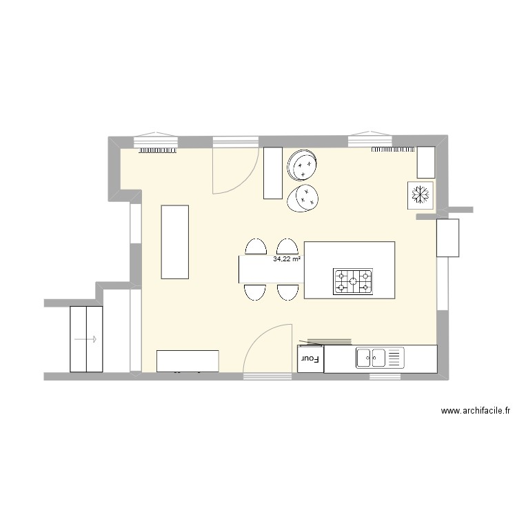 Cuisine. Plan de 1 pièce et 34 m2