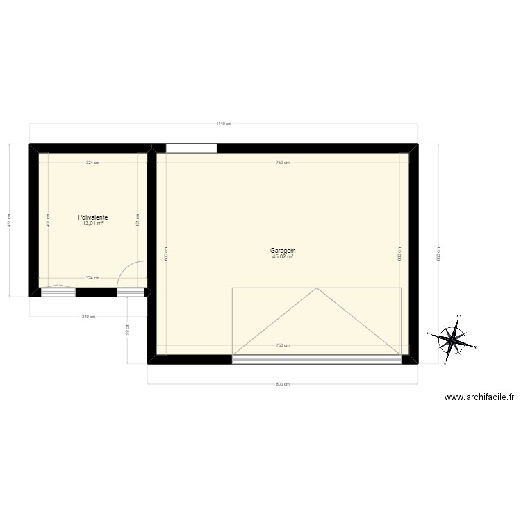 Casa X. Plan de 2 pièces et 58 m2