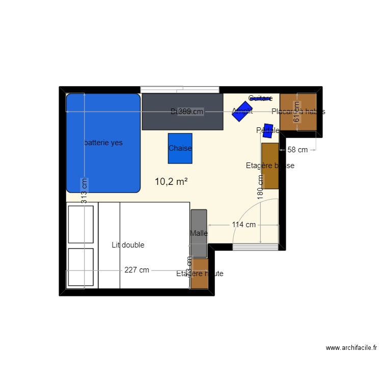 Ma chambre batterie. Plan de 1 pièce et 10 m2