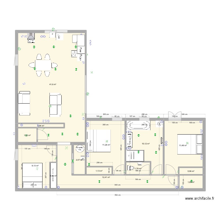 Chantier 2111. Plan de 14 pièces et 107 m2