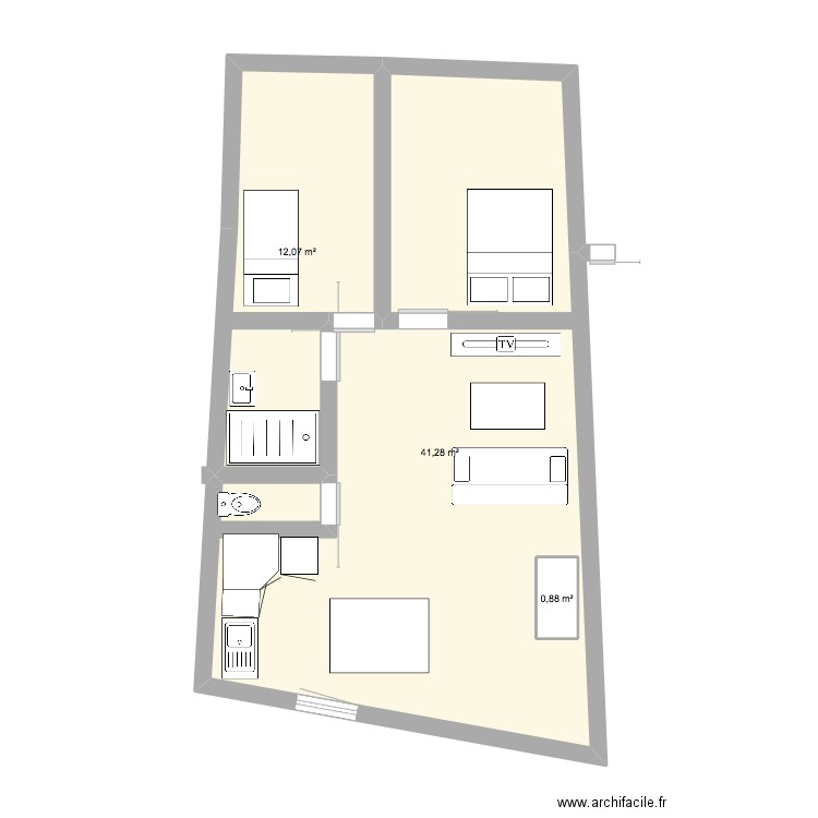 remise. Plan de 3 pièces et 55 m2