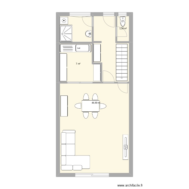 M2 RDC. Plan de 3 pièces et 53 m2