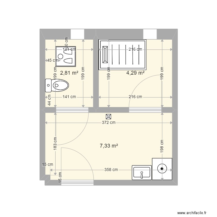 Satouh Lamine. Plan de 3 pièces et 14 m2