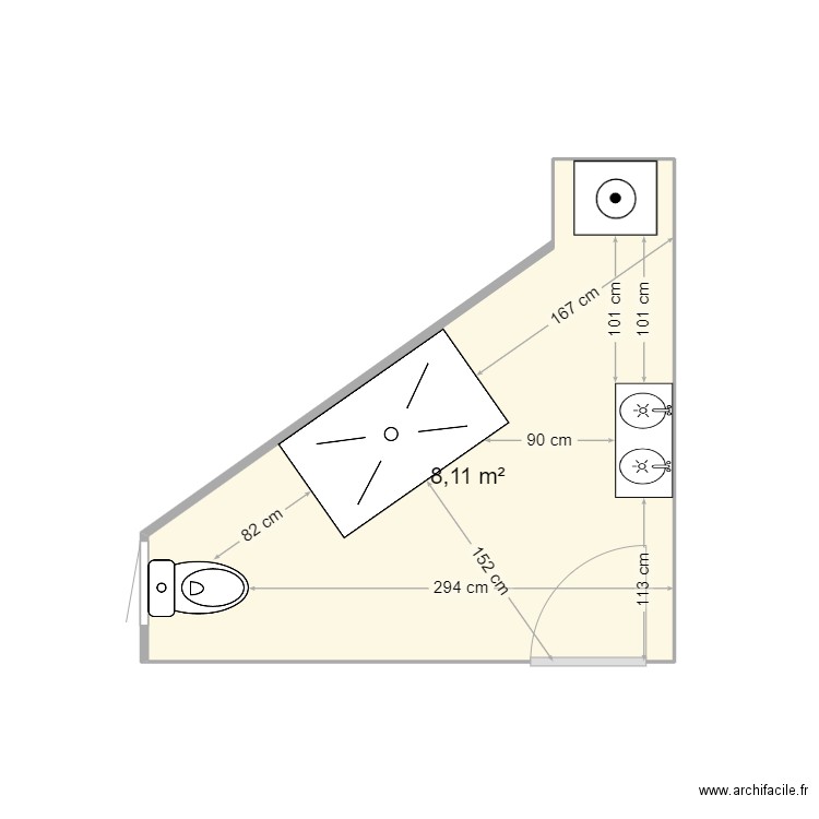 salle de bain V2. Plan de 1 pièce et 8 m2