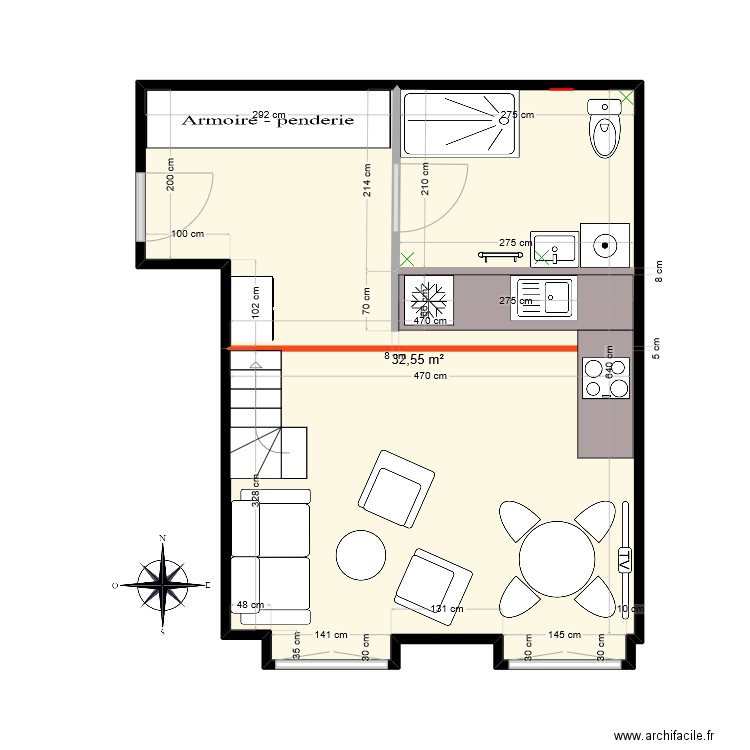 Antoine flat ground floor v2. Plan de 1 pièce et 33 m2