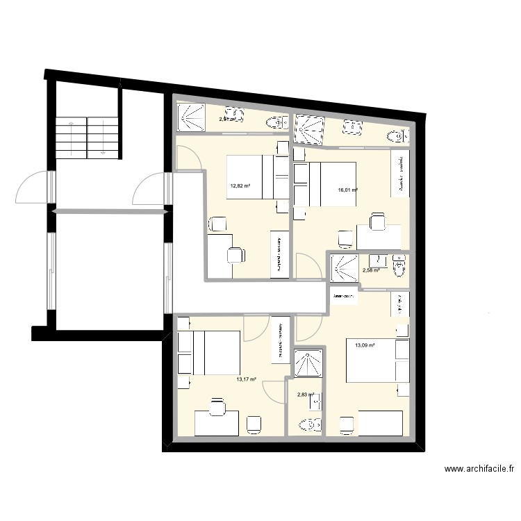 2èm D Chambres. Plan de 7 pièces et 73 m2