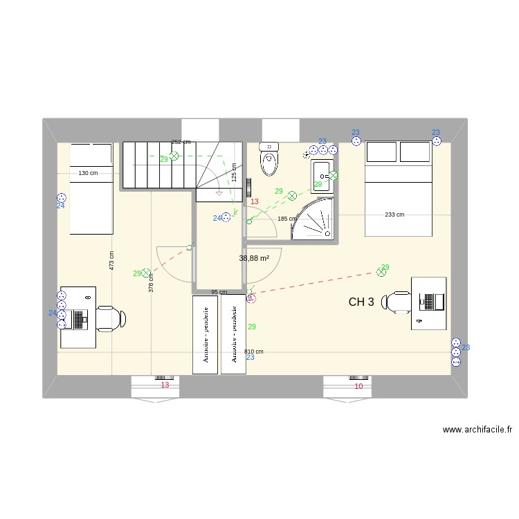 1er étage modifié 4 chambres. Plan de 1 pièce et 39 m2