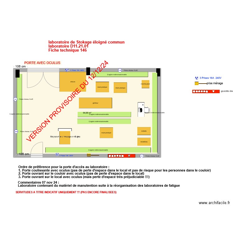 Fiche 146_laboratoire stockage éloigné v6 version avec matériel manutention. Plan de 1 pièce et 65 m2