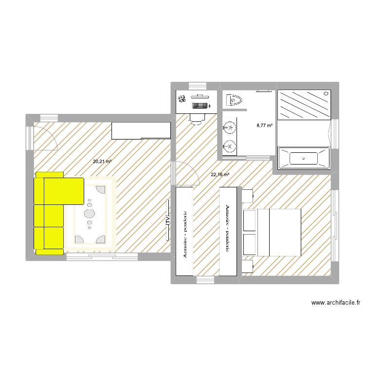 Extension aménagement. Plan de 3 pièces et 51 m2