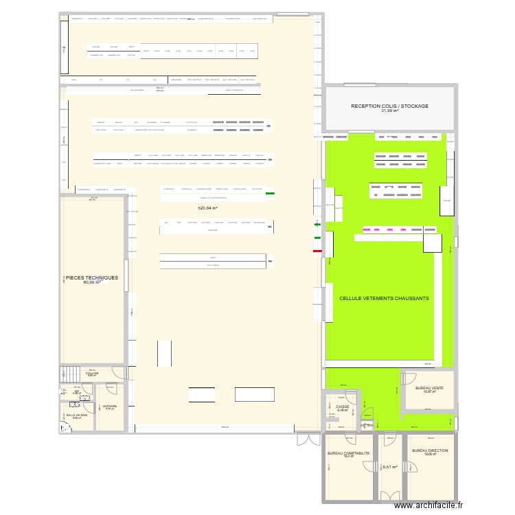 Magasin gondoles 2025 V2. Plan de 14 pièces et 895 m2