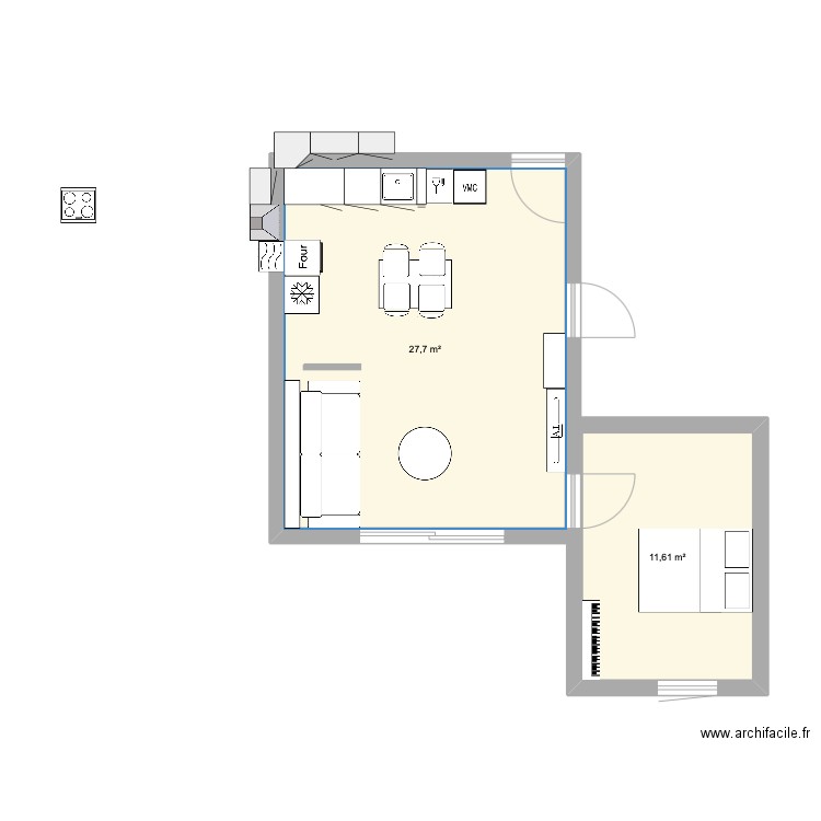 Cuisine. Plan de 2 pièces et 39 m2