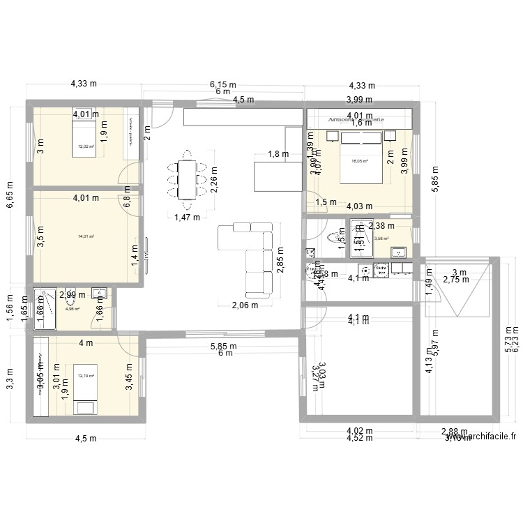 Projet maison. Plan de 6 pièces et 63 m2