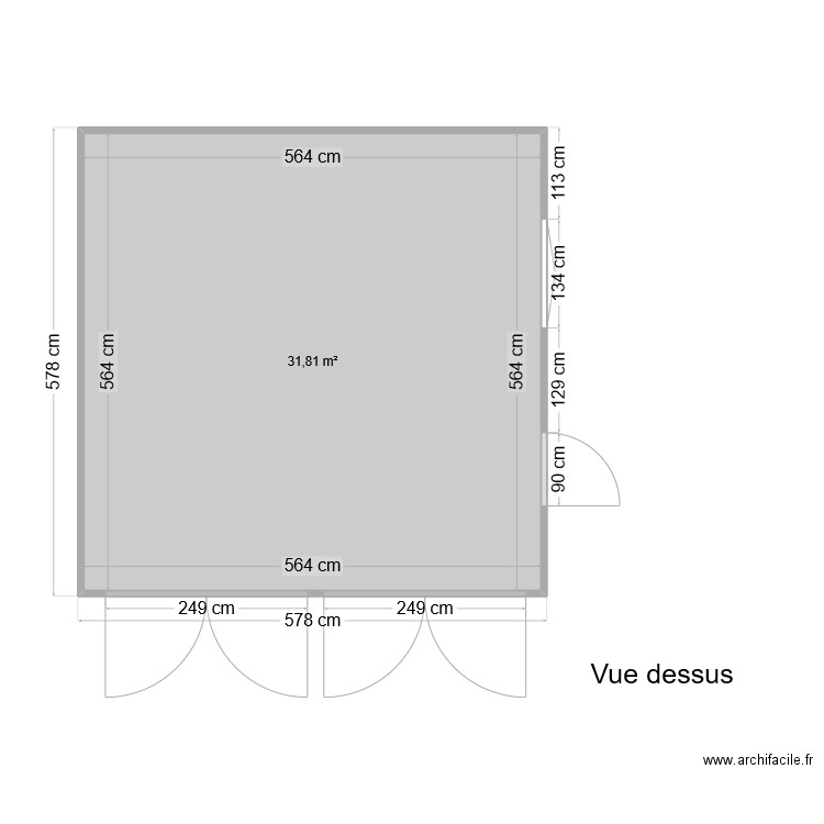 Vue dessus. Plan de 1 pièce et 32 m2