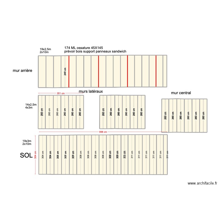 mur bois. Plan de 54 pièces et 82 m2