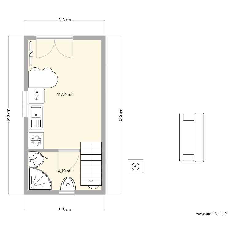 studio. Plan de 2 pièces et 16 m2