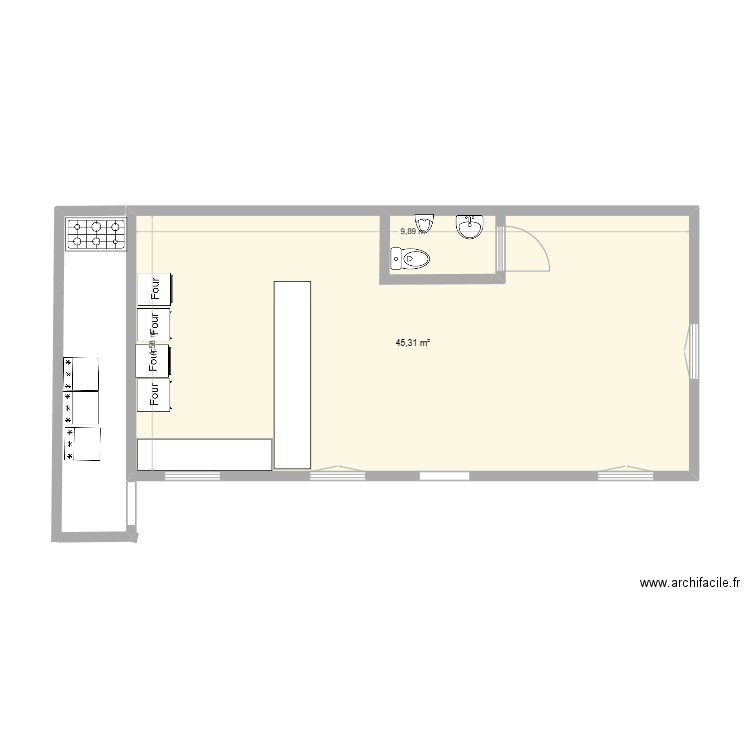 rotisserie. Plan de 1 pièce et 45 m2