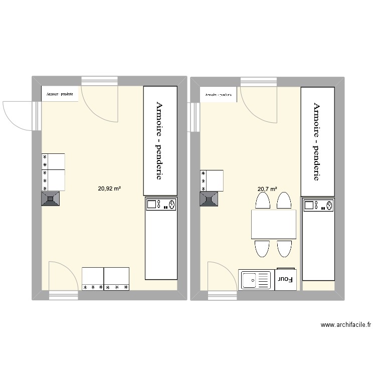 cuisine. Plan de 2 pièces et 42 m2