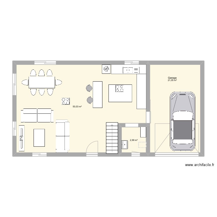 Container. Plan de 3 pièces et 74 m2