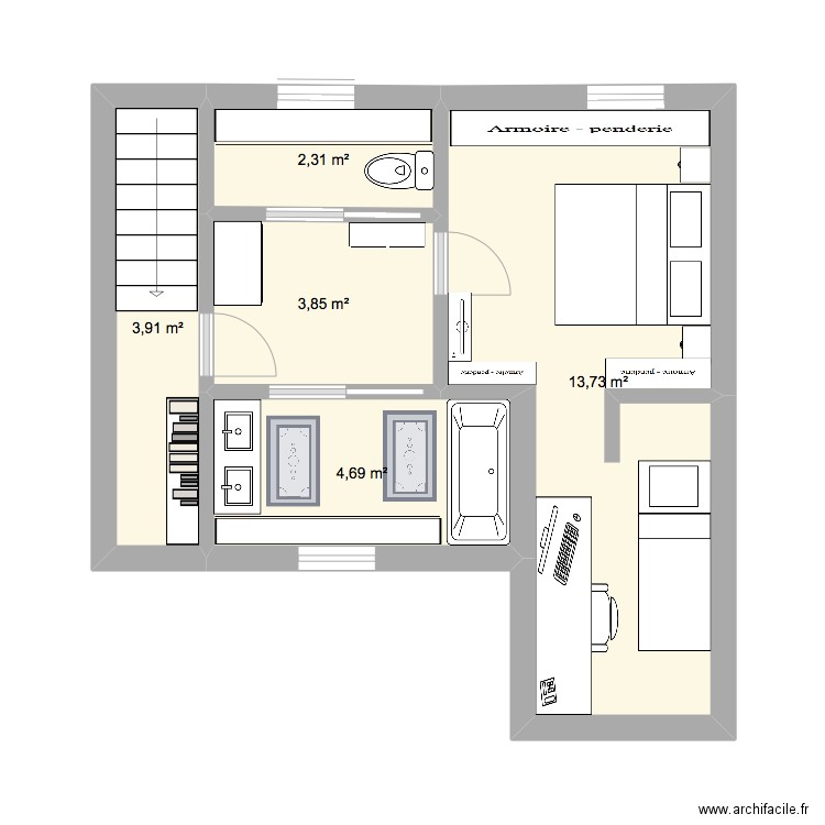 maison étage du haut. Plan de 5 pièces et 29 m2