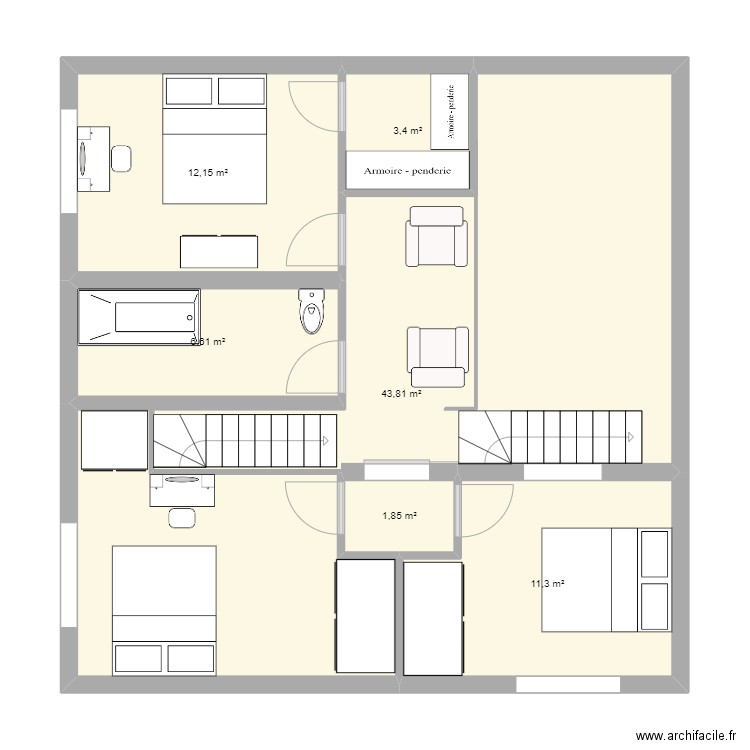 deam. Plan de 6 pièces et 79 m2