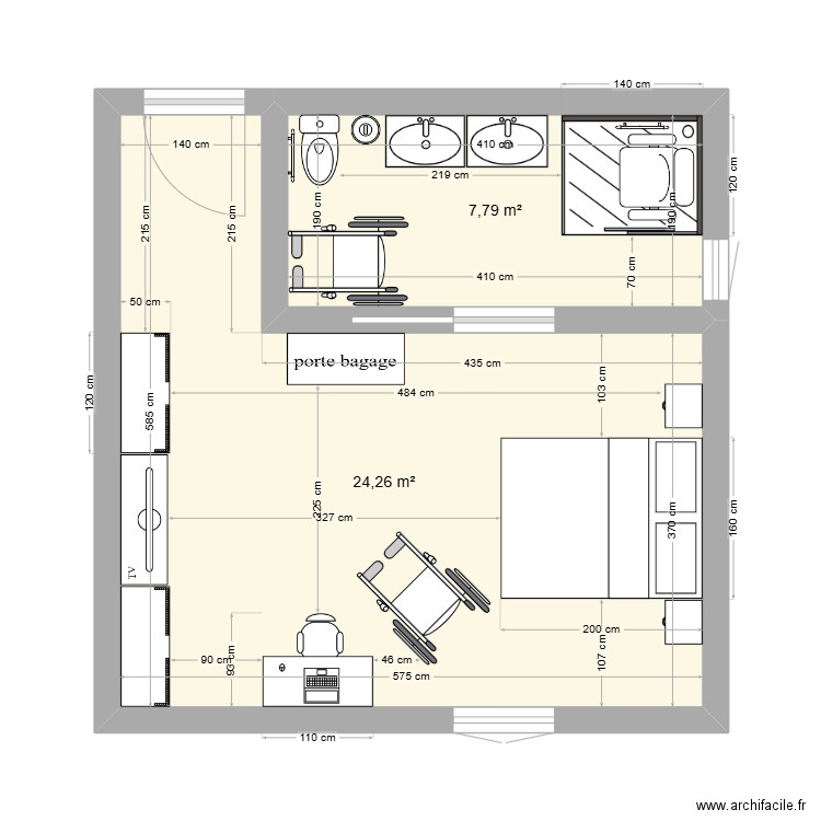 chambre double handicapée. Plan de 2 pièces et 32 m2