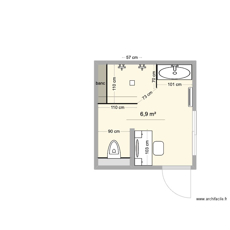 Salle de bain Aureglia  cap d'ail. Plan de 3 pièces et 7 m2