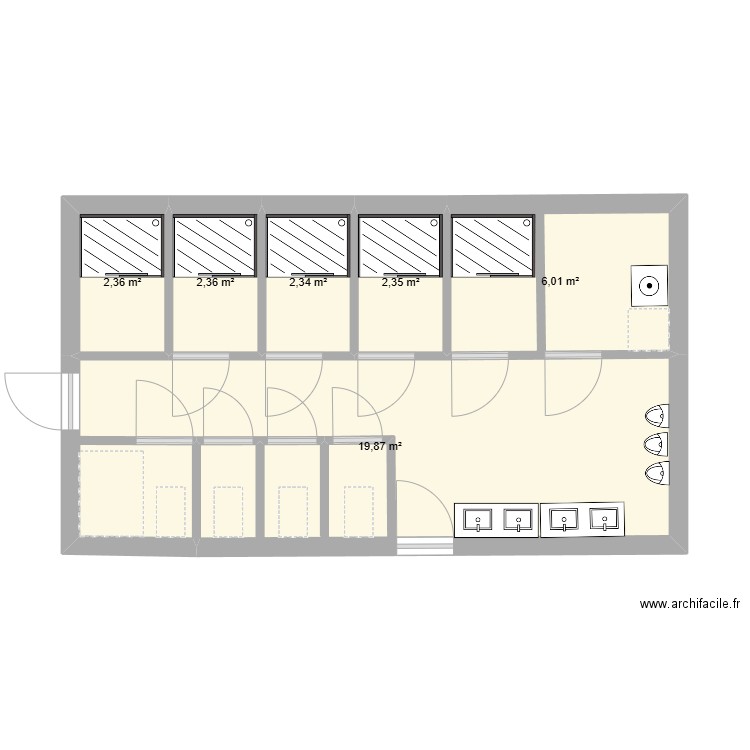 Sanitaire Oneux. Plan de 6 pièces et 35 m2