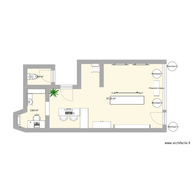 Boutique. Plan de 3 pièces et 33 m2