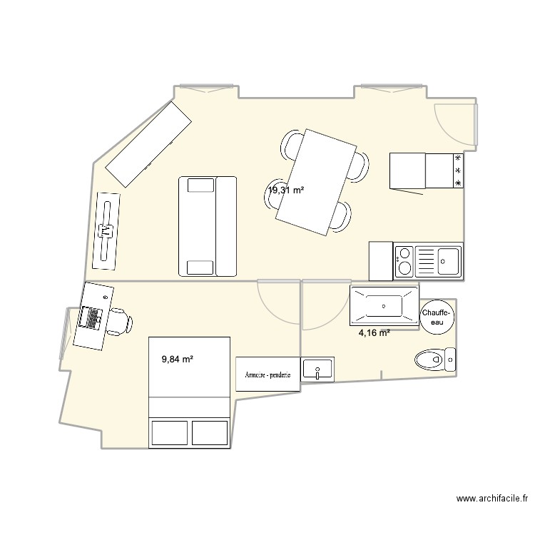 abc. Plan de 3 pièces et 33 m2