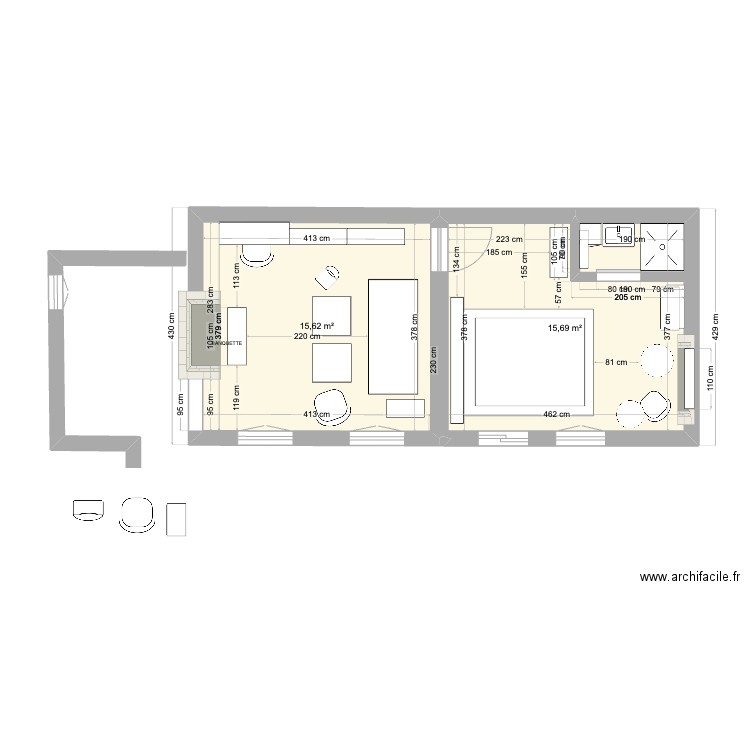 Plan maisonnette Uzes TER. Plan de 2 pièces et 32 m2