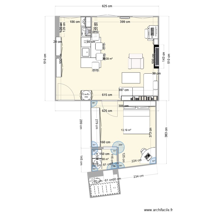 castelmoron-essai-01. Plan de 3 pièces et 45 m2