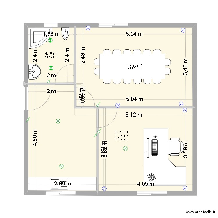 bureau de chantier. Plan de 3 pièces et 49 m2