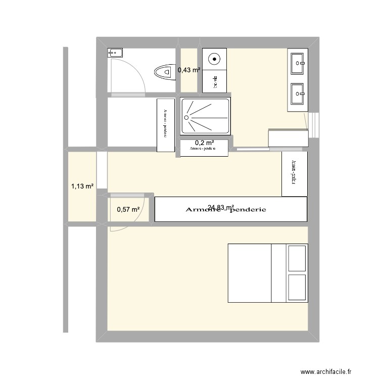 sdb chambre bas. Plan de 5 pièces et 27 m2