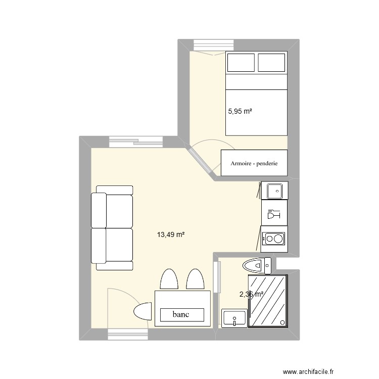 Appart P 2000. Plan de 3 pièces et 22 m2