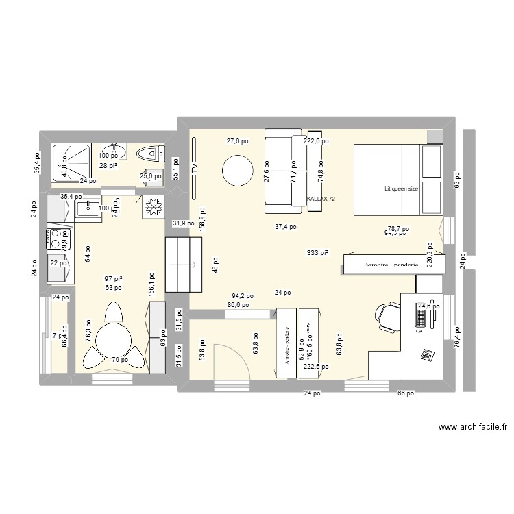 Plan studio. Plan de 4 pièces et 43 m2