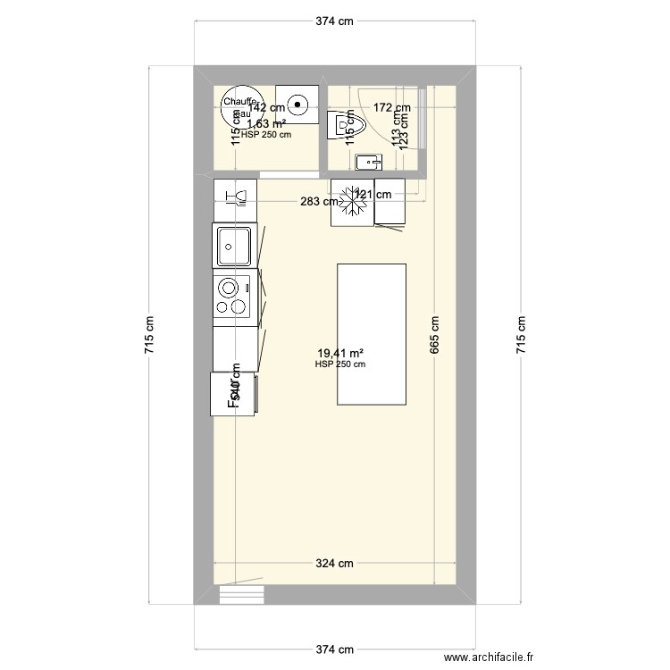 cuisine Meli. Plan de 2 pièces et 21 m2